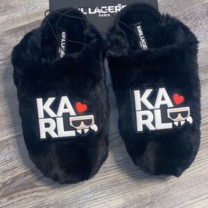 NWT KARL LAGERFELD Paris Logo Fuzzy Plush Slippers 7